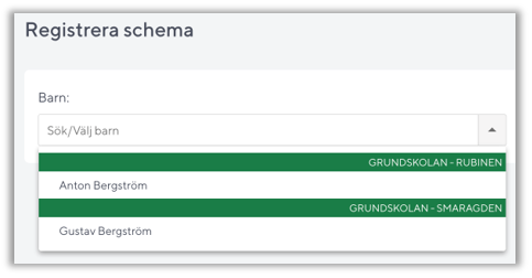 V&auml;lja barn i Registrera schema