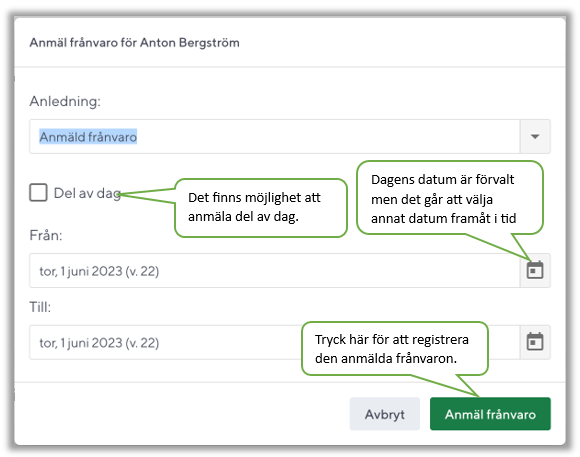inst&auml;llningar f&ouml;r del av dag samt datumval
